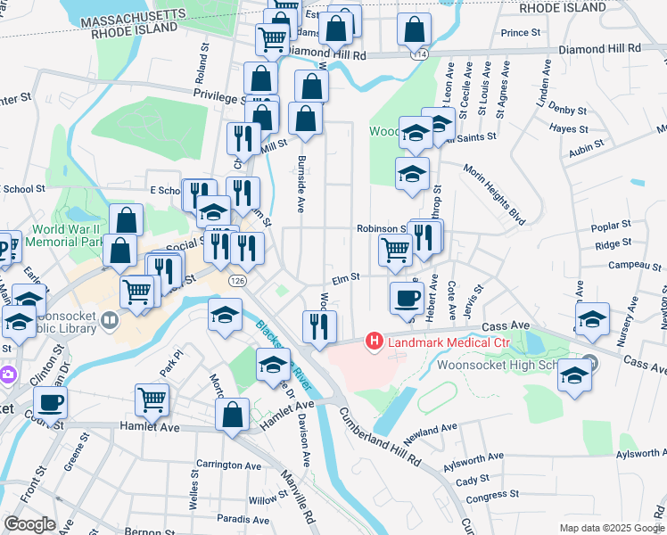 map of restaurants, bars, coffee shops, grocery stores, and more near 358 Elm Street in Woonsocket