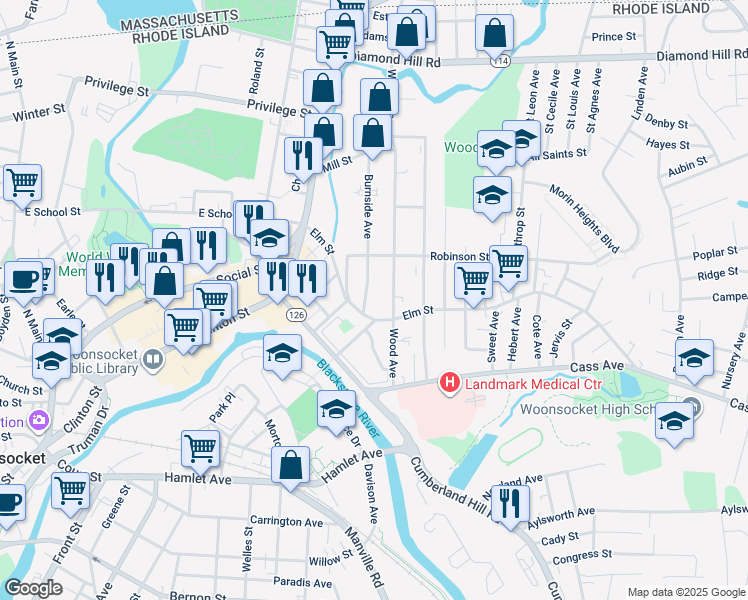 map of restaurants, bars, coffee shops, grocery stores, and more near 266 Elm Street in Woonsocket