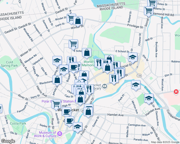 map of restaurants, bars, coffee shops, grocery stores, and more near 136 Earle Street in Woonsocket