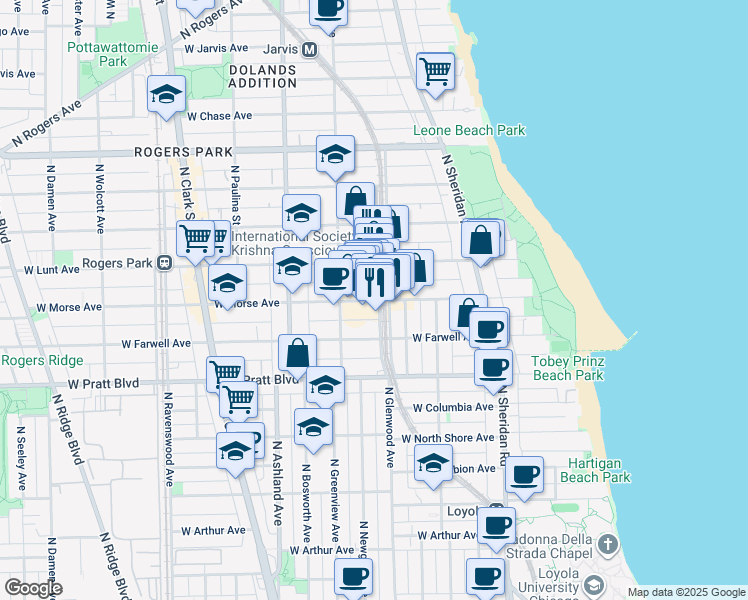 map of restaurants, bars, coffee shops, grocery stores, and more near 6930 North Glenwood Avenue in Chicago