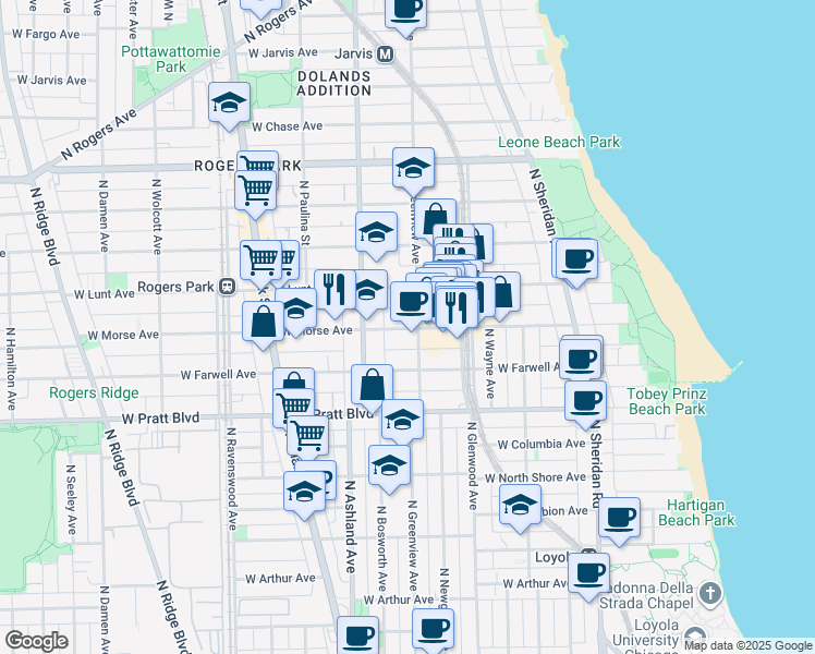 map of restaurants, bars, coffee shops, grocery stores, and more near 1527 West Morse Avenue in Chicago