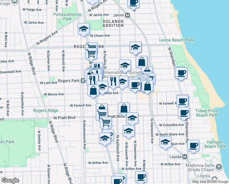 map of restaurants, bars, coffee shops, grocery stores, and more near 1600 West Morse Avenue in Chicago