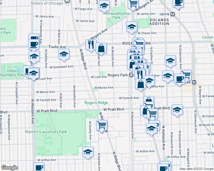 map of restaurants, bars, coffee shops, grocery stores, and more near 1937 West Morse Avenue in Chicago