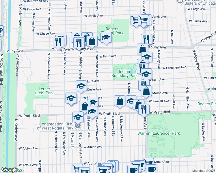 map of restaurants, bars, coffee shops, grocery stores, and more near 2627 West Coyle Avenue in Chicago