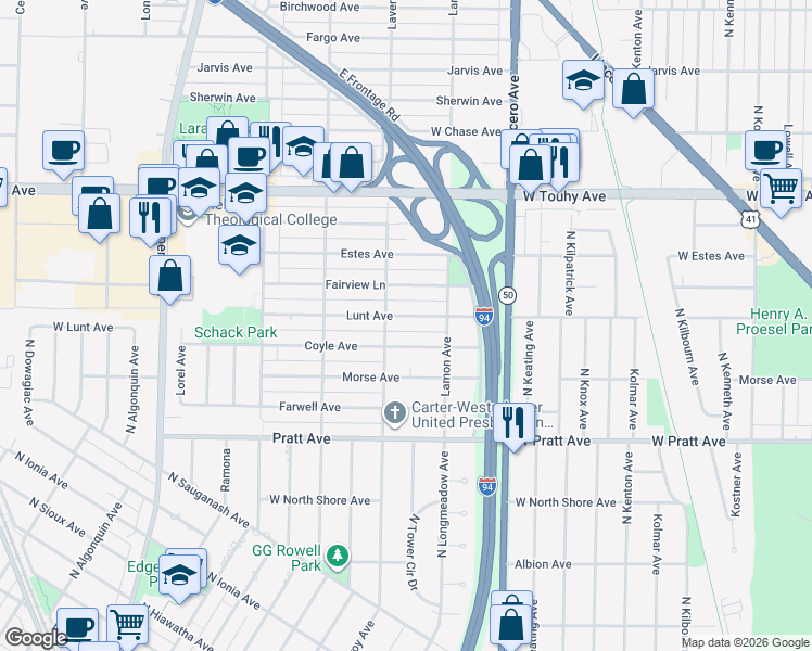 map of restaurants, bars, coffee shops, grocery stores, and more near 4924 Coyle Avenue in Skokie