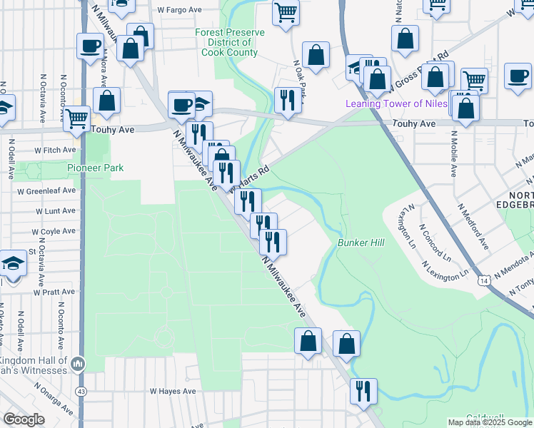 map of restaurants, bars, coffee shops, grocery stores, and more near 6549 West Ebinger Drive in Niles