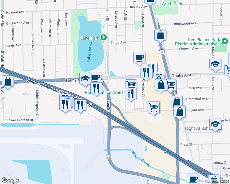 map of restaurants, bars, coffee shops, grocery stores, and more near 1207 Lee Street in Des Plaines