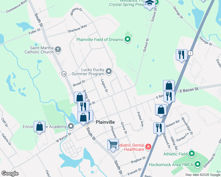 map of restaurants, bars, coffee shops, grocery stores, and more near 44 School Street in Plainville