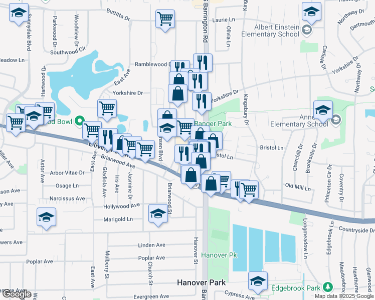 map of restaurants, bars, coffee shops, grocery stores, and more near 7580 Barrington Road in Hanover Park