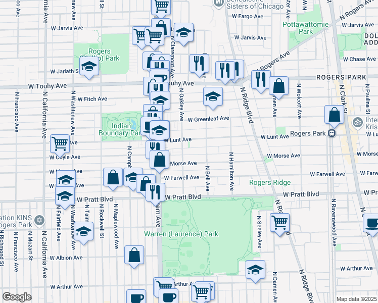 map of restaurants, bars, coffee shops, grocery stores, and more near 2220 West Morse Avenue in Chicago