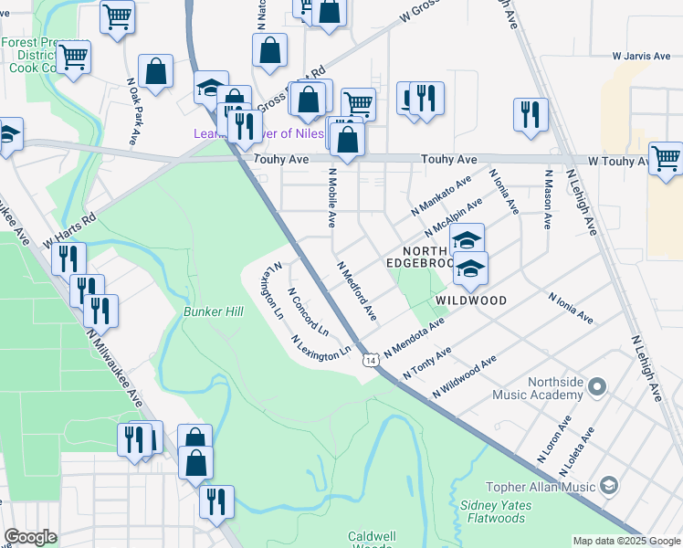 map of restaurants, bars, coffee shops, grocery stores, and more near 6904 North McAlpin Avenue in Chicago