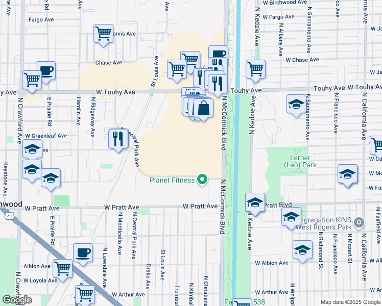 map of restaurants, bars, coffee shops, grocery stores, and more near 7000 North McCormick Boulevard in Lincolnwood