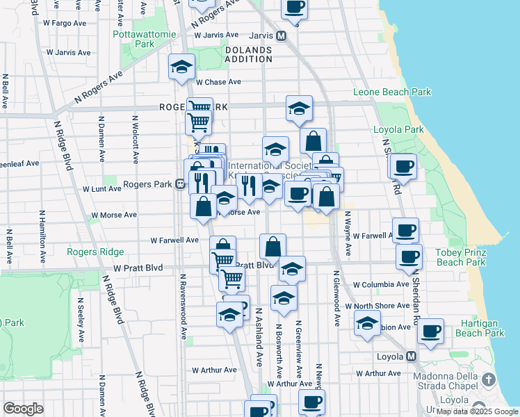 map of restaurants, bars, coffee shops, grocery stores, and more near 1600 West Morse Avenue in Chicago