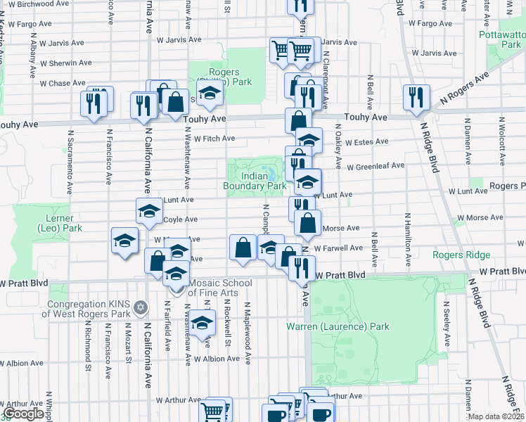 map of restaurants, bars, coffee shops, grocery stores, and more near 2511 West Coyle Avenue in Chicago