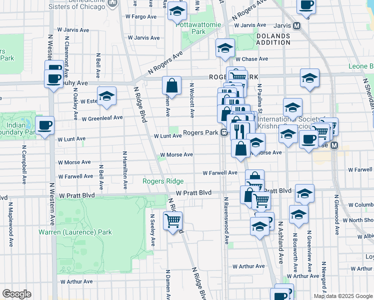 map of restaurants, bars, coffee shops, grocery stores, and more near 1853 West Morse Avenue in Chicago