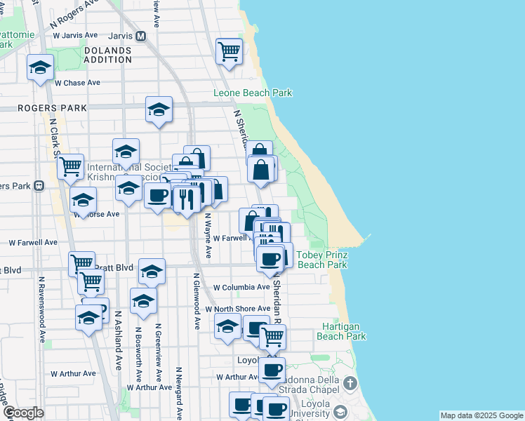 map of restaurants, bars, coffee shops, grocery stores, and more near N Sheridan Rd & W Morse Ave in Chicago
