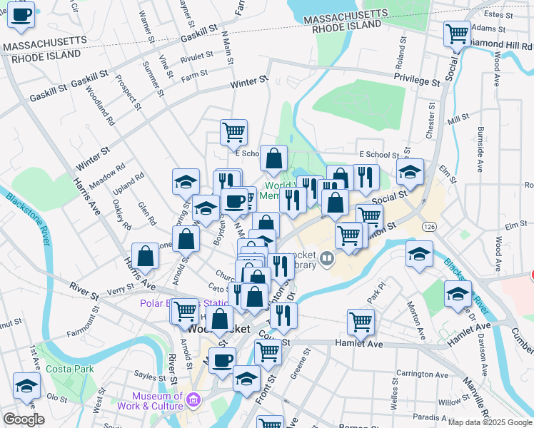 map of restaurants, bars, coffee shops, grocery stores, and more near 96 Earle Street in Woonsocket