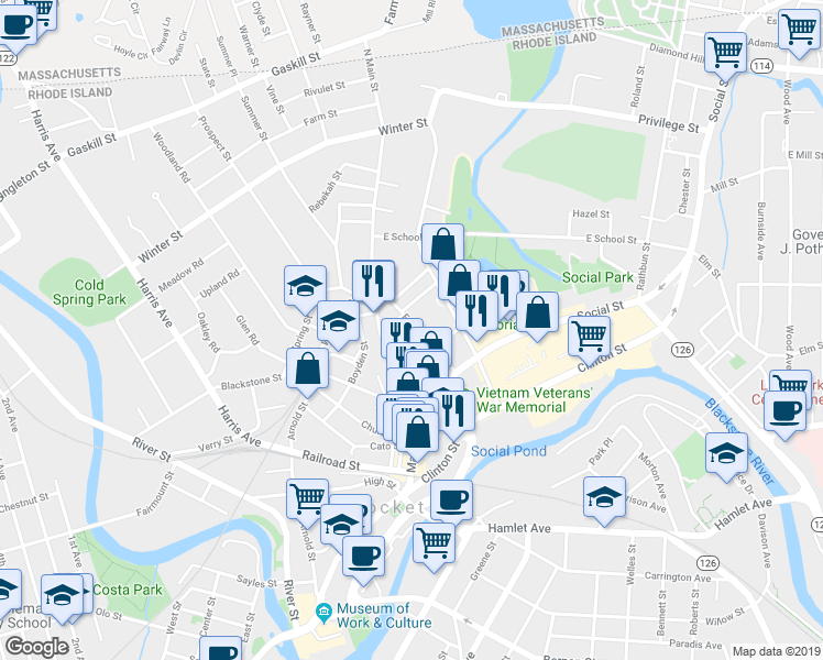 map of restaurants, bars, coffee shops, grocery stores, and more near 96 Earle Street in Woonsocket