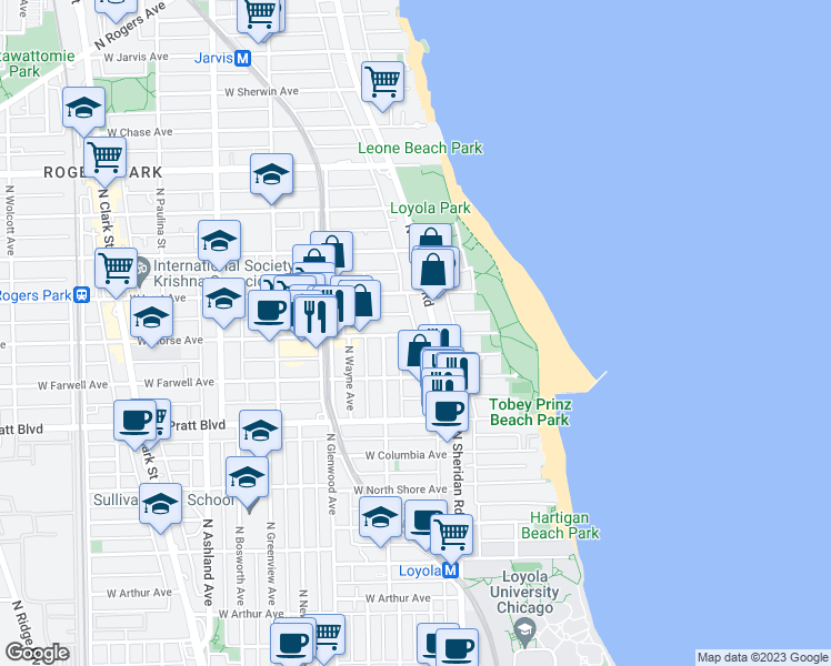 map of restaurants, bars, coffee shops, grocery stores, and more near 1225 West Morse Avenue in Chicago