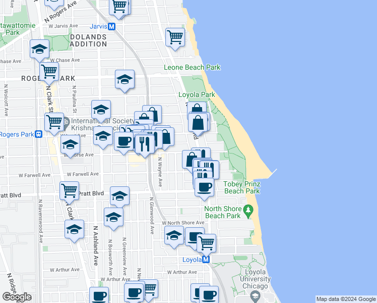 map of restaurants, bars, coffee shops, grocery stores, and more near 1225 West Morse Avenue in Chicago