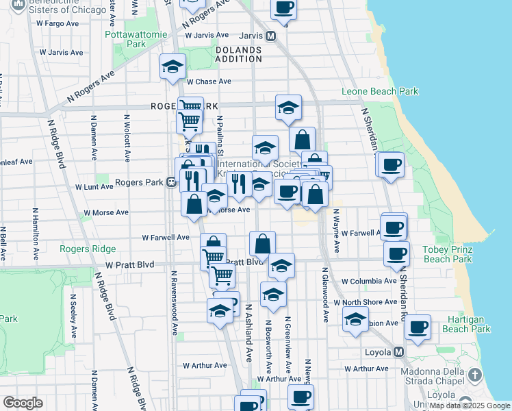 map of restaurants, bars, coffee shops, grocery stores, and more near 1600 West Morse Avenue in Chicago
