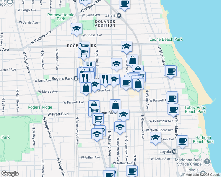 map of restaurants, bars, coffee shops, grocery stores, and more near 1600 West Morse Avenue in Chicago