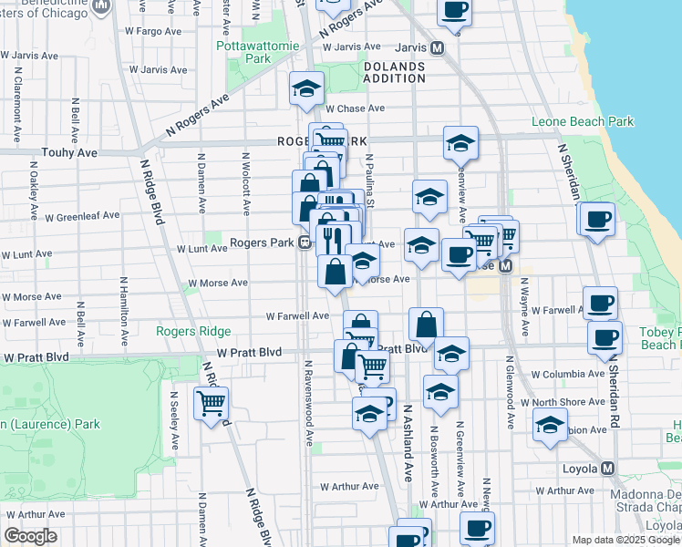map of restaurants, bars, coffee shops, grocery stores, and more near 6924 North Clark Street in Chicago