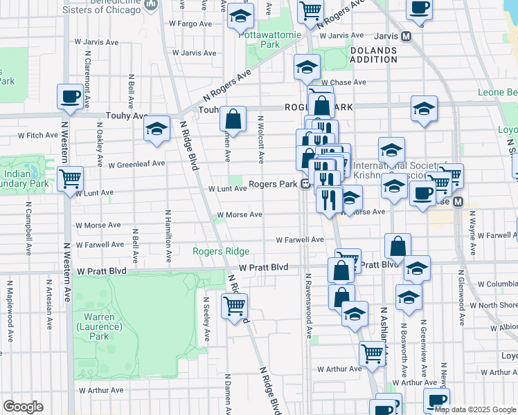 map of restaurants, bars, coffee shops, grocery stores, and more near 1853 West Morse Avenue in Chicago