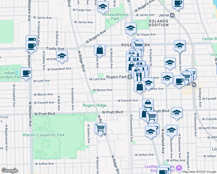 map of restaurants, bars, coffee shops, grocery stores, and more near 1853 West Morse Avenue in Chicago