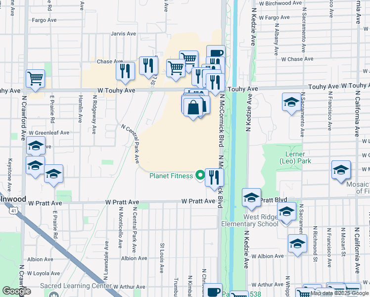 map of restaurants, bars, coffee shops, grocery stores, and more near 4500 West Touhy Avenue in Lincolnwood