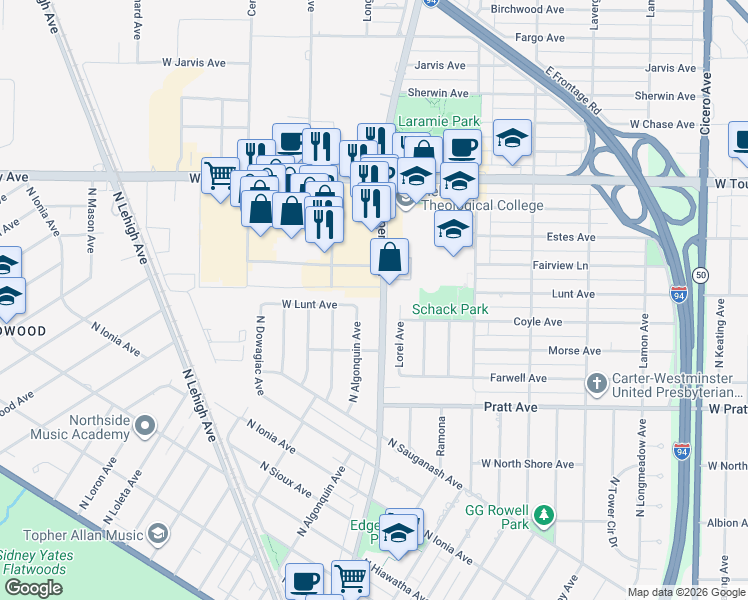 map of restaurants, bars, coffee shops, grocery stores, and more near 6938 North Central Avenue in Chicago