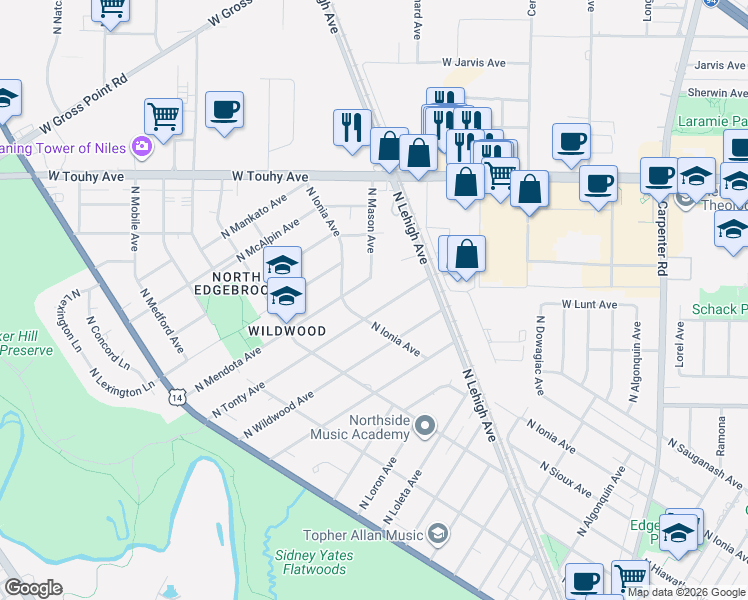 map of restaurants, bars, coffee shops, grocery stores, and more near 6959 North Tonty Avenue in Chicago