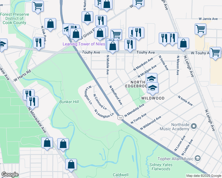 map of restaurants, bars, coffee shops, grocery stores, and more near 6904 North McAlpin Avenue in Chicago