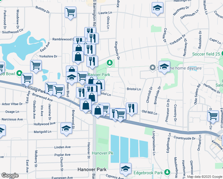 map of restaurants, bars, coffee shops, grocery stores, and more near 7540 Bristol Lane in Hanover Park