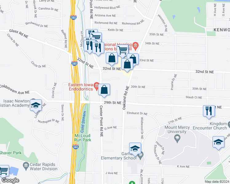 map of restaurants, bars, coffee shops, grocery stores, and more near 2927 Russell Drive Northeast in Cedar Rapids