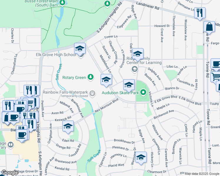 map of restaurants, bars, coffee shops, grocery stores, and more near 1450 West Elk Grove Boulevard in Elk Grove Village