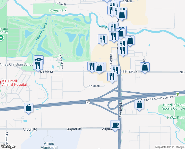 map of restaurants, bars, coffee shops, grocery stores, and more near 320 South 16th Street in Ames