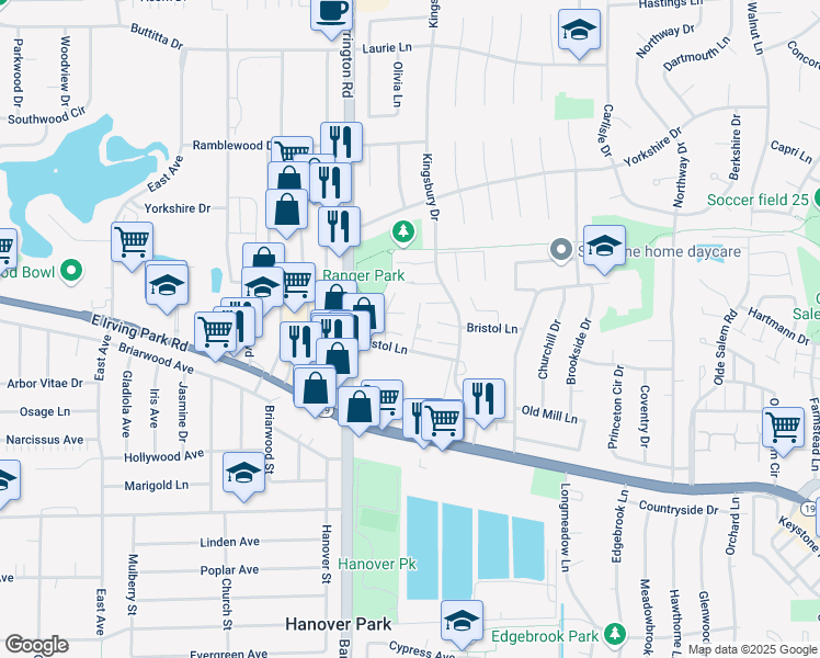 map of restaurants, bars, coffee shops, grocery stores, and more near 7540 Bristol Lane in Hanover Park