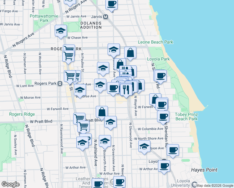 map of restaurants, bars, coffee shops, grocery stores, and more near 1448 West Morse Avenue in Chicago