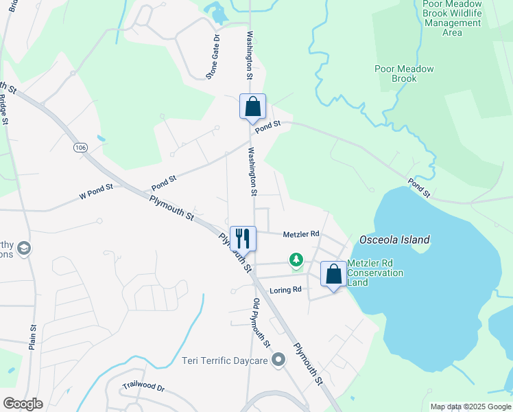 map of restaurants, bars, coffee shops, grocery stores, and more near 2216 Washington Street in East Bridgewater