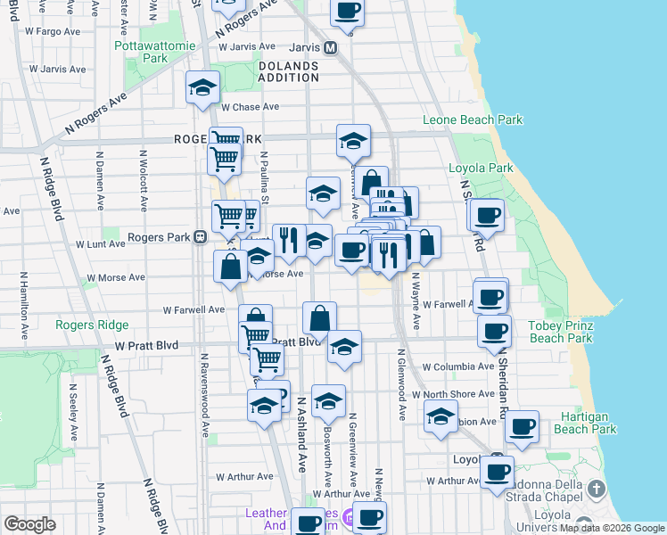 map of restaurants, bars, coffee shops, grocery stores, and more near 1528 West Morse Avenue in Chicago