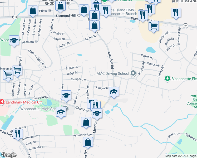 map of restaurants, bars, coffee shops, grocery stores, and more near 36 Bourassa Avenue in Woonsocket