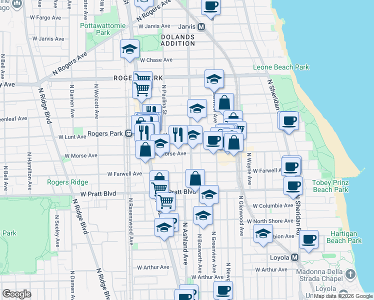 map of restaurants, bars, coffee shops, grocery stores, and more near 1600 West Morse Avenue in Chicago