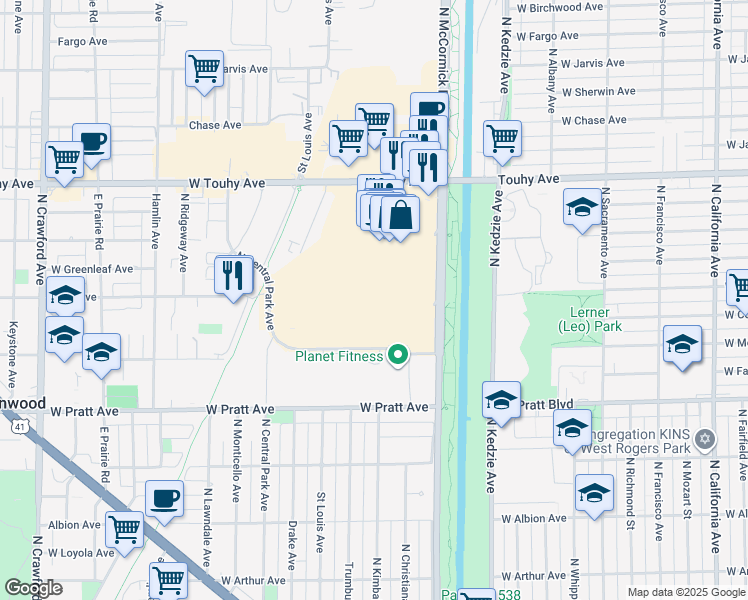 map of restaurants, bars, coffee shops, grocery stores, and more near 7000 North McCormick Boulevard in Lincolnwood