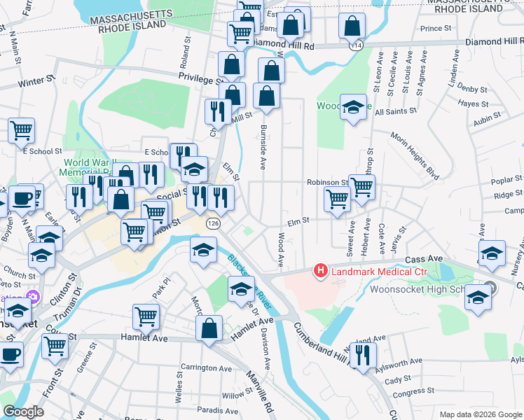 map of restaurants, bars, coffee shops, grocery stores, and more near 266 Elm Street in Woonsocket