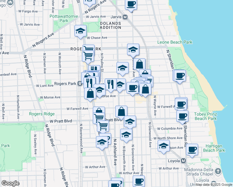 map of restaurants, bars, coffee shops, grocery stores, and more near 1600 West Morse Avenue in Chicago