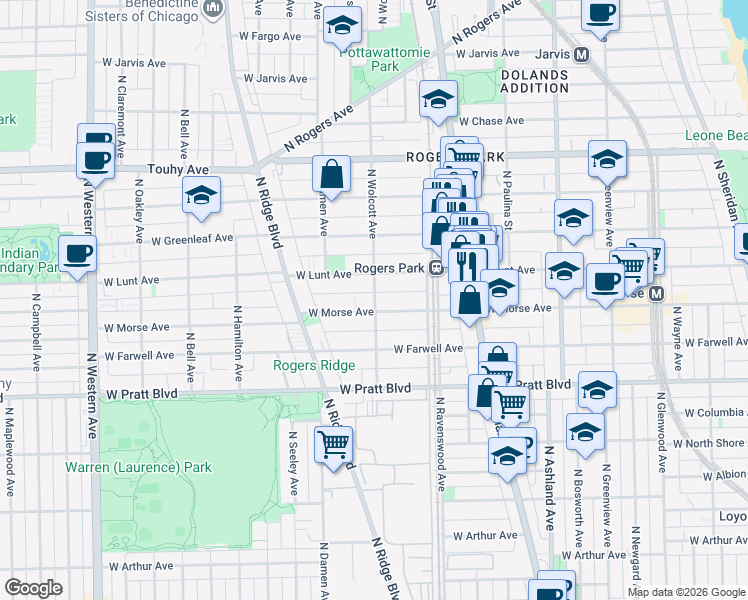 map of restaurants, bars, coffee shops, grocery stores, and more near 1853 West Morse Avenue in Chicago