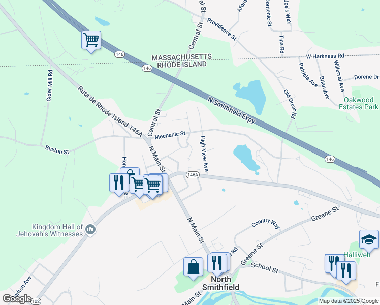 map of restaurants, bars, coffee shops, grocery stores, and more near 19 Metcalf Marsh Drive in North Smithfield