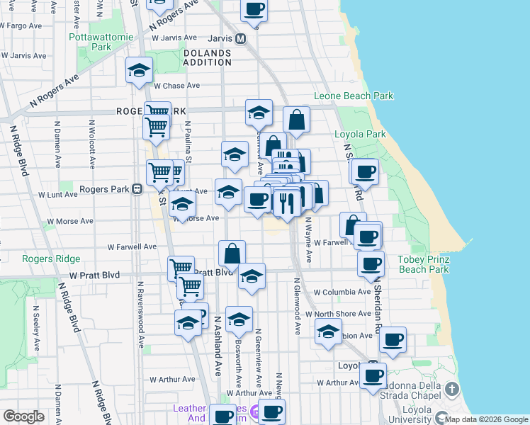 map of restaurants, bars, coffee shops, grocery stores, and more near 6957 North Greenview Avenue in Chicago