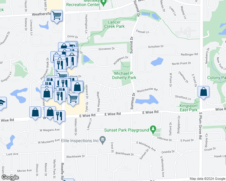 map of restaurants, bars, coffee shops, grocery stores, and more near 1032 Brunswick Harbor in Schaumburg